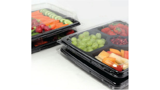 Food and salad dishes for eating, PET trays and plates