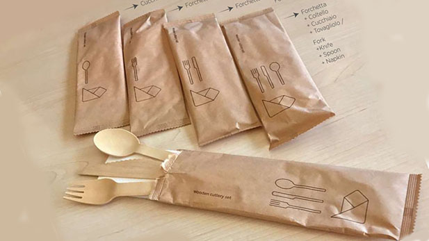 Disposable Wooden Cutlery Kit With Kraft Wrapper
