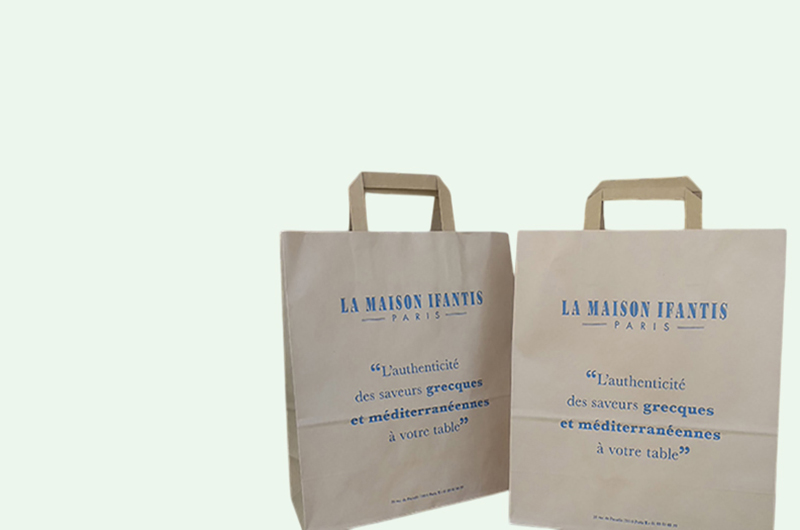 Брандирани крафтови торбички с плоски и усукани дръжки