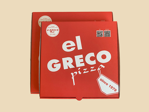 Pizza boxes, white and brown, wiith print