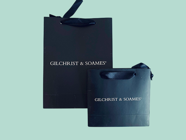 Personalized luxury branded paper bags with satin ribbons or cords